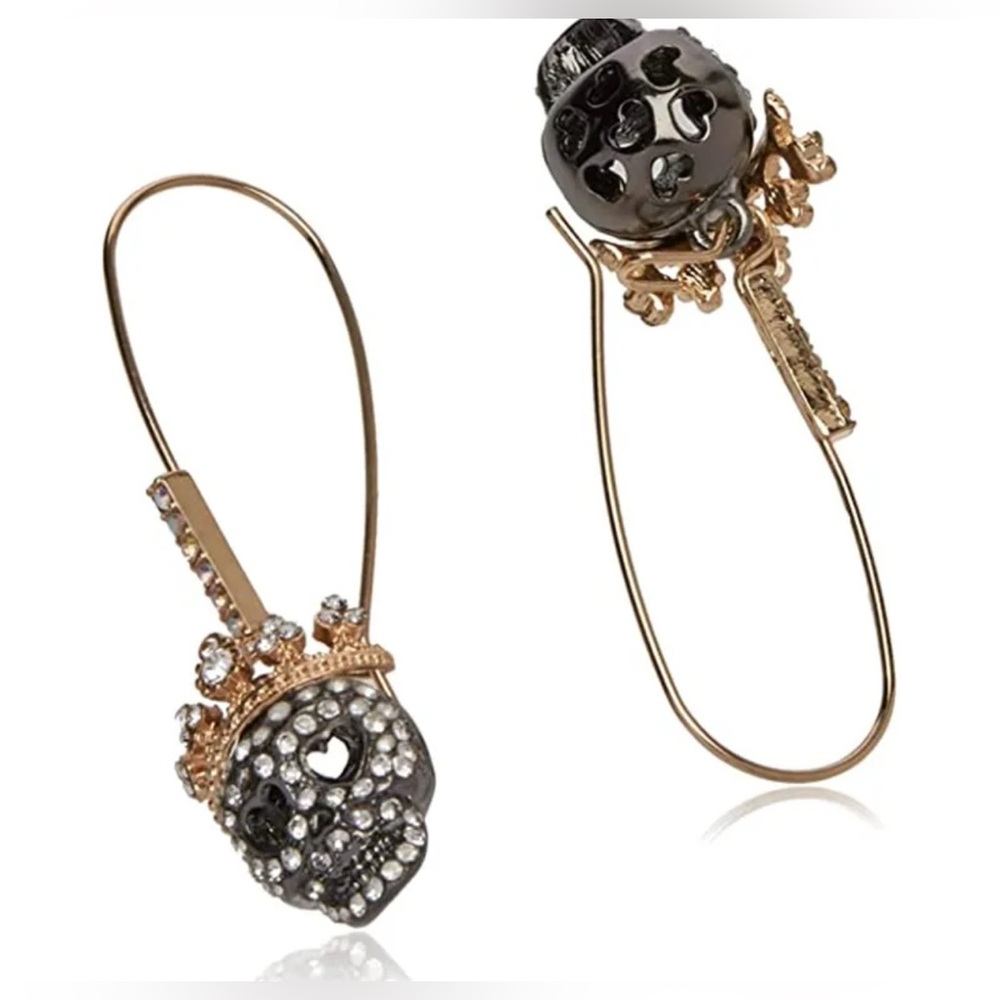 Betsey Johnson Two-Tone Pavé Skull Long Drop Earrings - Picture 4 of 4